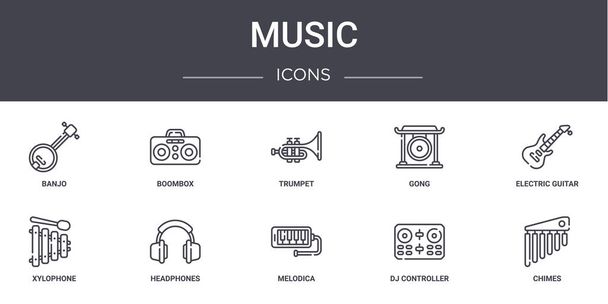conjunto de iconos de línea concepto de música. contiene iconos utilizables para la web, logotipo, ui / ux como boombox, gong, xilófono, melodica, controlador dj, campanas, guitarra eléctrica, trompeta
 - Vector, imagen