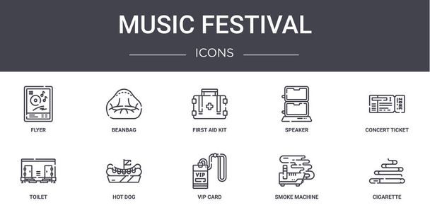 Koncepcja festiwalu muzycznego zestaw ikon. zawiera ikony nadające się do wykorzystania w sieci, logo, ui / ux, takie jak worek fasoli, głośnik, toaleta, wizytówka, maszyna do dymu, papieros, bilet koncertowy, apteczka - Wektor, obraz