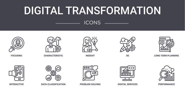 conjunto de ícones de linha de conceito de transformação digital. contém ícones utilizáveis para web, logotipo, ui / ux, tais como característica, de, interativo, resolução de problemas, serviços digitais, desempenho, planejamento a longo prazo
, - Vetor, Imagem