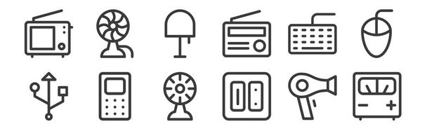 12 Linearelektroniksymbole. dünne Umrisse Symbole wie Spannungsanzeige, Steckdose, Telefon, Tastatur, Tischlampe, Ventilator für Web, Handy - Vektor, Bild