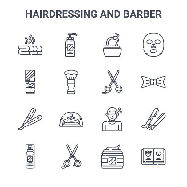 conjunto de 16 cabeleireiro e barbeiro conceito ícones de linha vetorial. 64x64 ícones de golpe fino, como loção, armário do banheiro, gravata borboleta, corte de cabelo, tesoura, barbearia, gel, tesoura, máscara facial
 - Vetor, Imagem
