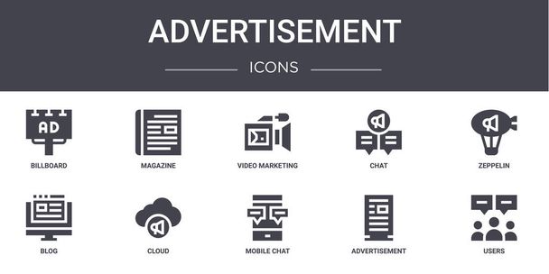 icônes de ligne de concept de publicité ensemble. contient des icônes utilisables pour le web, logo, ui / ux tels que magazine, chat, blog, chat mobile, publicité, utilisateurs, zeppelin, marketing vidéo - Vecteur, image