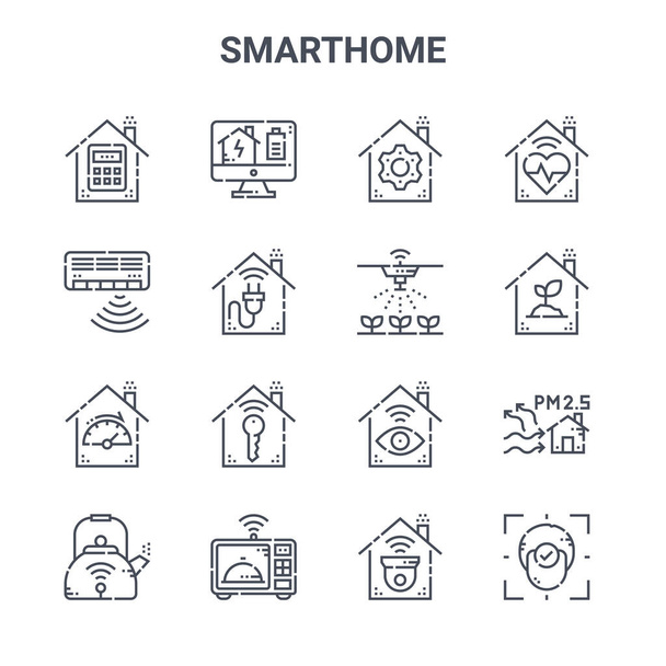 set of 16 smarthome concept vector line icons. 64x64 thin stroke icons such as energy, air conditioner, eco house, monitor, microwave, face recognition, surveillance, watering, health - Vector, Image