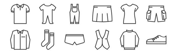 12 conjuntos de ícones de guarda-roupa linear. ícones de contorno fino, tais como sapato, colete, meias, t-shirt, suspensórios, pano de bebê para web, móvel
 - Vetor, Imagem