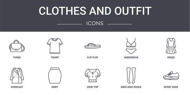 ρούχα και στολή έννοια γραμμή εικονίδια που. περιέχει εικονίδια που μπορούν να χρησιμοποιηθούν για web, λογότυπο, ui / ux, όπως tshirt, εσώρουχα, πανωφόρι, κορυφή των καλλιεργειών, γόνατο υψηλές κάλτσες, αθλητικά παπούτσια, φόρεμα, flip flop - Διάνυσμα, εικόνα