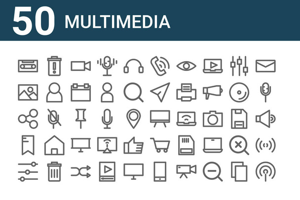 ensemble de 50 icônes multimédia. contour des icônes de ligne mince telles que, égaliseur, tag, partager, image, supprimer, conseil - Vecteur, image