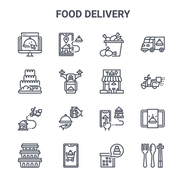 conjunto de 16 iconos de línea de vectores de concepto de entrega de alimentos. 64x64 iconos de trazo delgado como gps, panadería, scooter, lugar, añadir carro, utensilios, calendario, tienda, furgoneta
 - Vector, Imagen