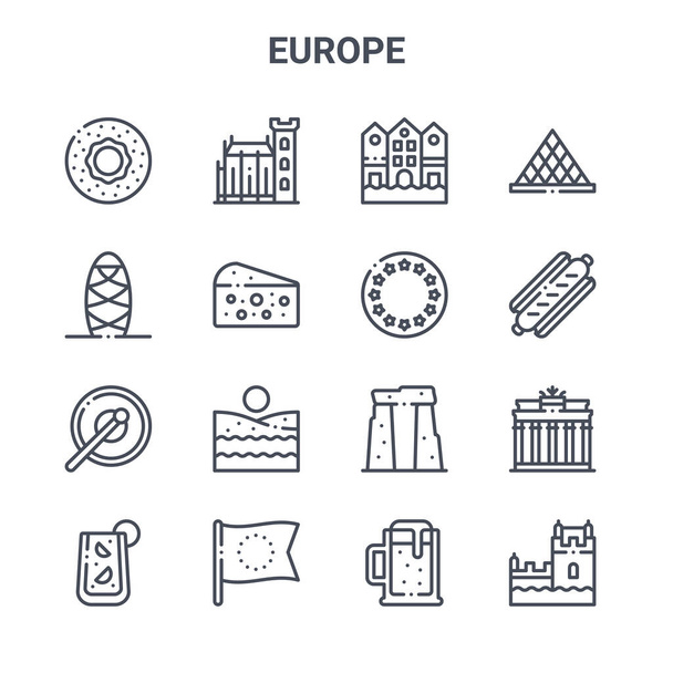 set of 16 europe concept vector line icons. 64x64 thin stroke icons such as dublin castle, gherkin, sausage, stonehenge, europe, belem tower, beer, europe, louvre - Vector, Image
