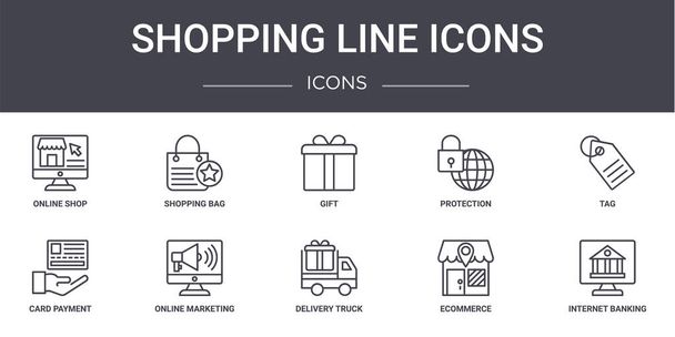 Shopping line icons concept line icons set. enthält Symbole für Web, Logo, UI / UX wie Einkaufstasche, Schutz, Kartenzahlung, Lieferwagen, E-Commerce, Internet-Banking, Tag, Geschenk - Vektor, Bild