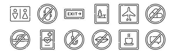 12 ensembles de signaux linéaires et d'icônes d'interdiction. icônes de contour minces telles que ne pas parler, silence, urgence, aéroport, sortie, pas de patinage pour le web, mobile - Vecteur, image