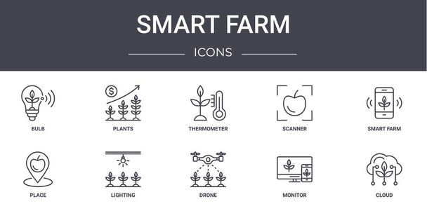 set di icone della linea smart farm concept. contiene icone utilizzabili per web, logo, ui / ux come piante, scanner, luogo, drone, monitor, nuvola, smart farm, termometro - Vettoriali, immagini