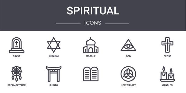 concepto espiritual iconos de línea establecidos. contiene iconos utilizables para la web, logotipo, ui / ux como el judaísmo, dios, atrapasueños,, trinidad santa, velas, cruz, mezquita
 - Vector, Imagen
