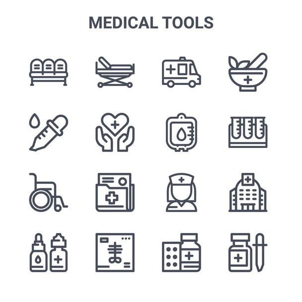 ensemble de 16 outils médicaux concept icônes de ligne vectorielle. 64x64 icônes d'AVC minces telles que civière, compte-gouttes, éprouvette, infirmière, rayons X, médicament contre les chutes, médicament, transfusion sanguine, mortier - Vecteur, image