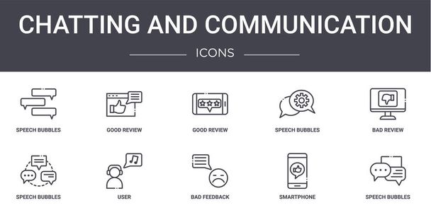 conversando e comunicação conjunto de ícones de linha conceito. contém ícones utilizáveis para web, logotipo, ui / ux, como boa revisão, bolhas de fala, bolhas de fala, feedback ruim, smartphone, bolhas de fala, ruim
 - Vetor, Imagem