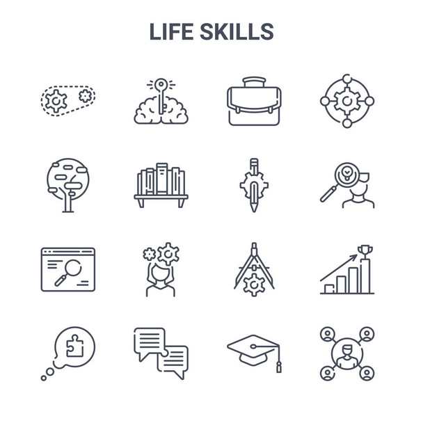 zestaw 16 ikon wektorowych koncepcji umiejętności życiowych. 64x64 cienkie ikony suwowe, takie jak mózg, drzewo, człowiek, dzielnik, dialog, człowiek, moździerz, bieg, bieg - Wektor, obraz