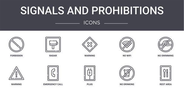 信号と禁止コンセプトラインのアイコンが設定されています。ウェブ、ロゴ、レーダーなどのUI/ux 、無線LAN 、警告、プラグ、飲料、休憩所、水泳、警告などに使用できるアイコンが含まれています - ベクター画像