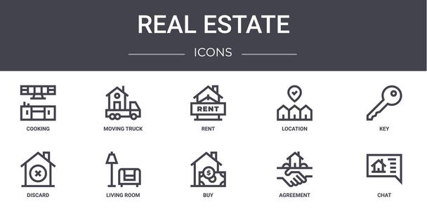 conjunto de iconos de línea de concepto de bienes raíces. contiene iconos utilizables para la web, logotipo, ui / ux como camión móvil, ubicación, descarte, comprar, acuerdo, chat, llave, alquiler
 - Vector, Imagen