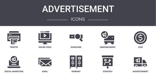 anuncio concepto línea iconos conjunto. contiene iconos utilizables para la web, logotipo, ui / ux como vídeo en línea, anuncio, marketing digital, banderín, estrategia, publicidad, moneda, búsqueda
 - Vector, Imagen