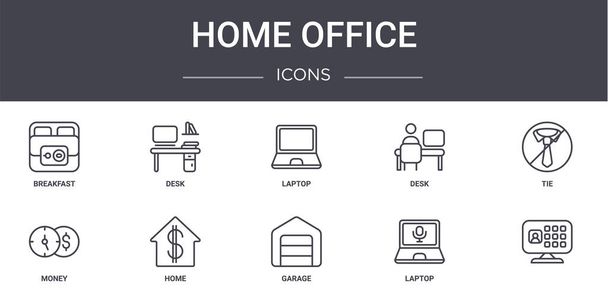 zestaw ikon koncepcji biura domowego. zawiera ikony nadające się do wykorzystania w sieci, logo, ui / ux, takich jak biurko, biurko, pieniądze, garaż, laptop,, krawat, laptop - Wektor, obraz