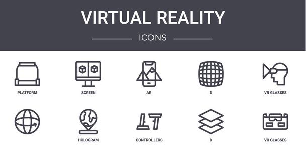 仮想現実の概念線のアイコンが設定されます。ウェブ、ロゴ、画面、 d 、コントローラ、 d 、 vrメガネ、 vrメガネ、 arなどのui/uxに使用できるアイコンが含まれています - ベクター画像
