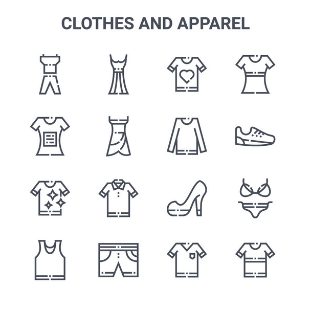 Satz von 16 Kleidungs- und Bekleidungskonzeptvektorlinien-Symbolen. 64x64 dünne Striche Symbole wie Kleid, T-Shirt, Schuh, High Heel, Shorts, T-Shirt, T-Shirt, Pullover, - Vektor, Bild