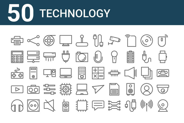 sada 50 technologických ikon. osnovy tenké čáry ikony, jako je webová kamera, sluchátka, hra, joystick, kalkulačka, sdílení, kalkulačka - Vektor, obrázek