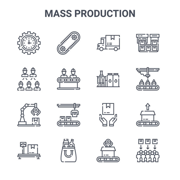 zestaw 16 ikon linii wektorowej koncepcji masowej produkcji. 64x64 ikony cienkosuwowe, takie jak automatyzacja, pracownicy, babeczki, skrzynka odbiorcza, produkt, konsument, opakowanie, przemysł, opakowania - Wektor, obraz