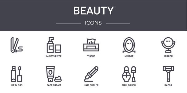 beauty concept line icons set. contains icons usable for web, logo, ui/ux such as moisturizer, mirror, lip gloss, hair curler, nail polish, razor, mirror, tissue - Vetor, Imagem