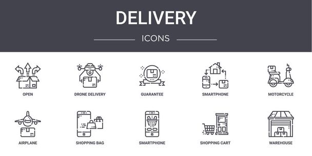 delivery concept line icons set. contains icons usable for web, logo, ui/ux such as drone delivery, smartphone, airplane, smartphone, shopping cart, warehouse, motorcycle, guarantee - Vector, Image
