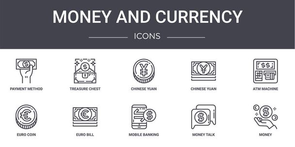 argent et devise concept ligne icônes ensemble. contient des icônes utilisables pour le web, logo, ui / ux tels que coffre au trésor, yuan chinois, pièce en euros, banque mobile, parler d'argent, argent, distributeur automatique de billets, yuan chinois - Vecteur, image