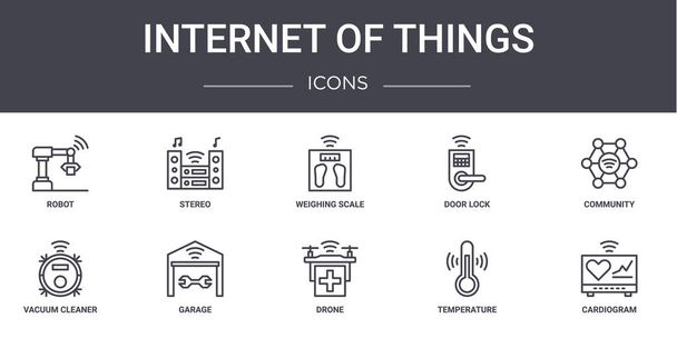 Internet rzeczy Koncepcja linii ikon zestaw. zawiera ikony nadające się do wykorzystania w sieci, logo, ui / ux, takie jak stereo, blokada drzwi, odkurzacz, dron, temperatura, kardiogram, społeczność, waga - Wektor, obraz