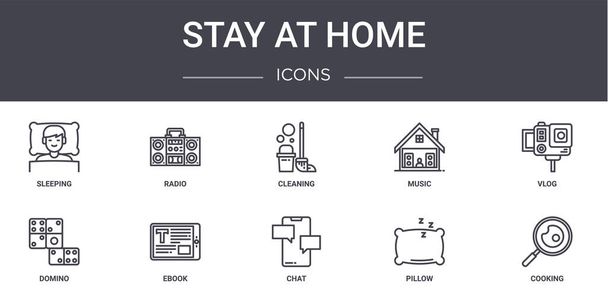 permanecer en casa concepto línea iconos conjunto. contiene iconos utilizables para la web, logotipo, ui / ux como radio, música, dominó, chat, almohada, cocina, vlog, limpieza
 - Vector, imagen