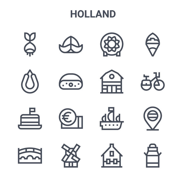 conjunto de 16 iconos de línea vectorial concepto holland. 64x64 iconos de trazo delgado como sombrero, rookworst, bicicleta, barco, molino de viento, lata de leche, casa, granero, papas fritas
 - Vector, Imagen