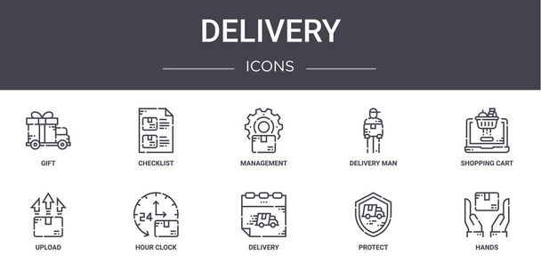 delivery concept line icons set. contains icons usable for web, logo, ui/ux such as checklist, delivery man, upload, delivery, protect, hands, shopping cart, management - Vector, Image