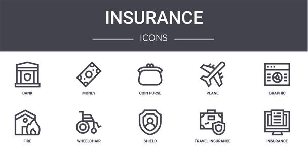 保険の概念線のアイコンが設定されます。ウェブ、ロゴ、お金、飛行機、火災、シールド、旅行保険、保険、グラフィック、コイン財布などのui/uxに使用できるアイコンが含まれています - ベクター画像