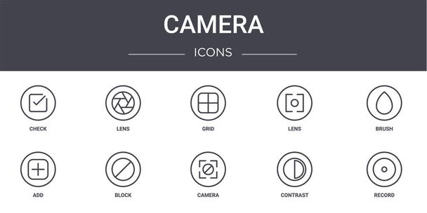 kameran konseptin kuvakkeet asetettu. sisältää kuvakkeita, joita voidaan käyttää web, logo, ui / ux kuten linssi, linssi, lisätä, kamera, kontrasti, ennätys, harja, verkkoon - Vektori, kuva