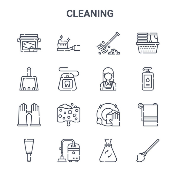 set of 16 cleaning concept vector line icons. 64x64 thin stroke icons such as toothbrush, dustpan, liquid soap, clean dishes, vacuum, mop, garbage bag, maid, laundry - Vector, Image