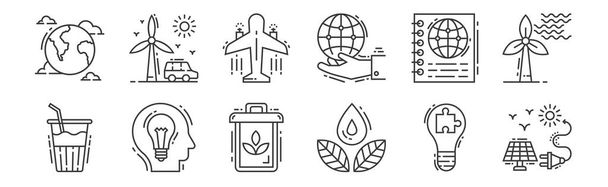 12 set doğrusal çevre ve ekolojik ikon. Güneş enerjisi, su tasarrufu, yaratıcı fikir, harita kitabı, uçak, ağ için rüzgar enerjisi gibi ince taslak simgeler - Vektör, Görsel