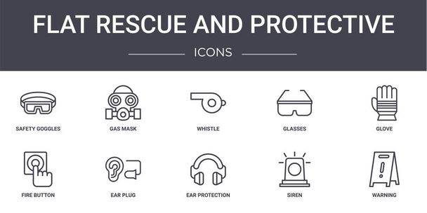 Düz kurtarma ve koruyucu kavram çizgisi simgeleri ayarlandı. Web, logo, gaz maskesi, gözlük, yangın düğmesi, kulak koruması, siren, uyarı, eldiven, ıslık gibi simgeler içerir - Vektör, Görsel