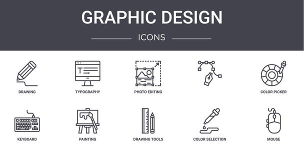 grafisch ontwerp concept lijn pictogrammen ingesteld. bevat pictogrammen bruikbaar voor web, logo, ui / ux zoals typografie,, toetsenbord, tekengereedschappen, kleurselectie, muis, kleurenplukker, fotobewerking - Vector, afbeelding