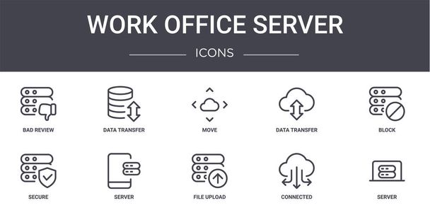 trabalho escritório conjunto de ícones de linha conceito servidor. contém ícones utilizáveis para web, logotipo, ui / ux, como transferência de dados, transferência de dados, seguro, upload de arquivos, conectado, servidor, bloco, mover
 - Vetor, Imagem