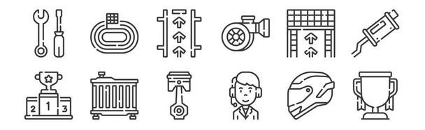 12 set of linear auto racing icons. thin outline icons such as trophy, commentator, air filter, finish line, pit stop, race track for web, mobile - Vector, Image