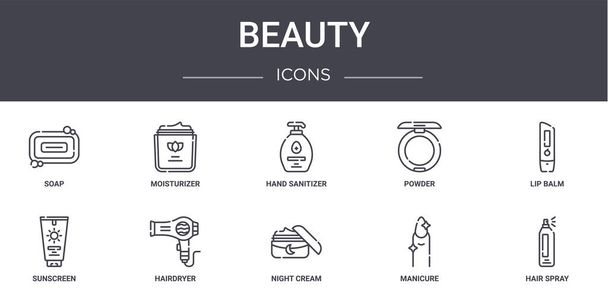 set di icone della linea beauty concept. contiene icone utilizzabili per web, logo, ui / ux come idratante, polvere, crema solare, crema notte, manicure, lacca per capelli, balsamo labbra, disinfettante per le mani - Vettoriali, immagini
