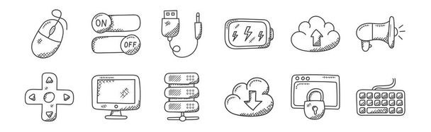 12 Symbole linearer Technologie. dünne Umrisse Symbole wie Tastatur, Cloud-Download, Monitor, Cloud-Upload, USB-Anschluss, Multimedia-Option für Web, Handy - Vektor, Bild