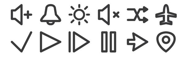 12 ikon linearnego interfejsu użytkownika. cienki zarys ikon, takich jak mapy, pauza, grać, tasowanie, jasność, powiadomienie w sieci, mobilne - Wektor, obraz