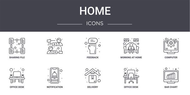 home concept line icons set. contiene iconos utilizables para la web, logotipo, ui / ux, tales como, trabajando en casa, escritorio de la oficina, entrega, escritorio de la oficina, gráfico de barras, ordenador, retroalimentación
 - Vector, imagen