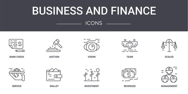 zbiór ikon koncepcji biznesowych i finansowych. zawiera ikony nadające się do wykorzystania w internecie, logo, ui / ux, takie jak aukcja, zespół, serwis, inwestycje, przychody, zarządzanie, wagi, wizja - Wektor, obraz