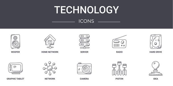 テクノロジーコンセプトラインのアイコンがセットされています。ウェブ、ロゴ、ホームネットワーク、ラジオ、グラフィックタブレット、カメラ、ピストン、アイデア、ハードドライブ、サーバーなどのui/uxに使用できるアイコンが含まれています - ベクター画像
