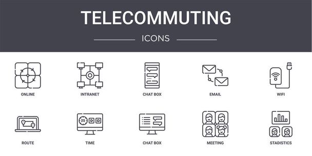 Telecommuting εικονίδια concept line set. περιέχει εικονίδια που χρησιμοποιούνται για web, logo, ui / ux όπως intranet, email, route, chat box, meeting, stadistics, wifi, chat box - Διάνυσμα, εικόνα