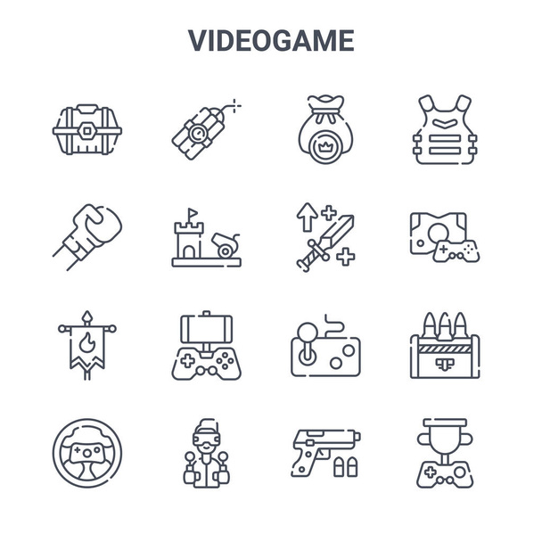 16 video oyunu konsept vektör çizgisi simgesi. 64x64 İnce vuruş simgeleri patlayıcı, dövüş oyunu, oyun konsolu, joystick, oyuncu, kupa, silah, cilt, zırh gibi - Vektör, Görsel